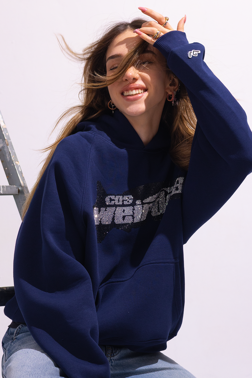 NAVY rhinestone oversized hoodie